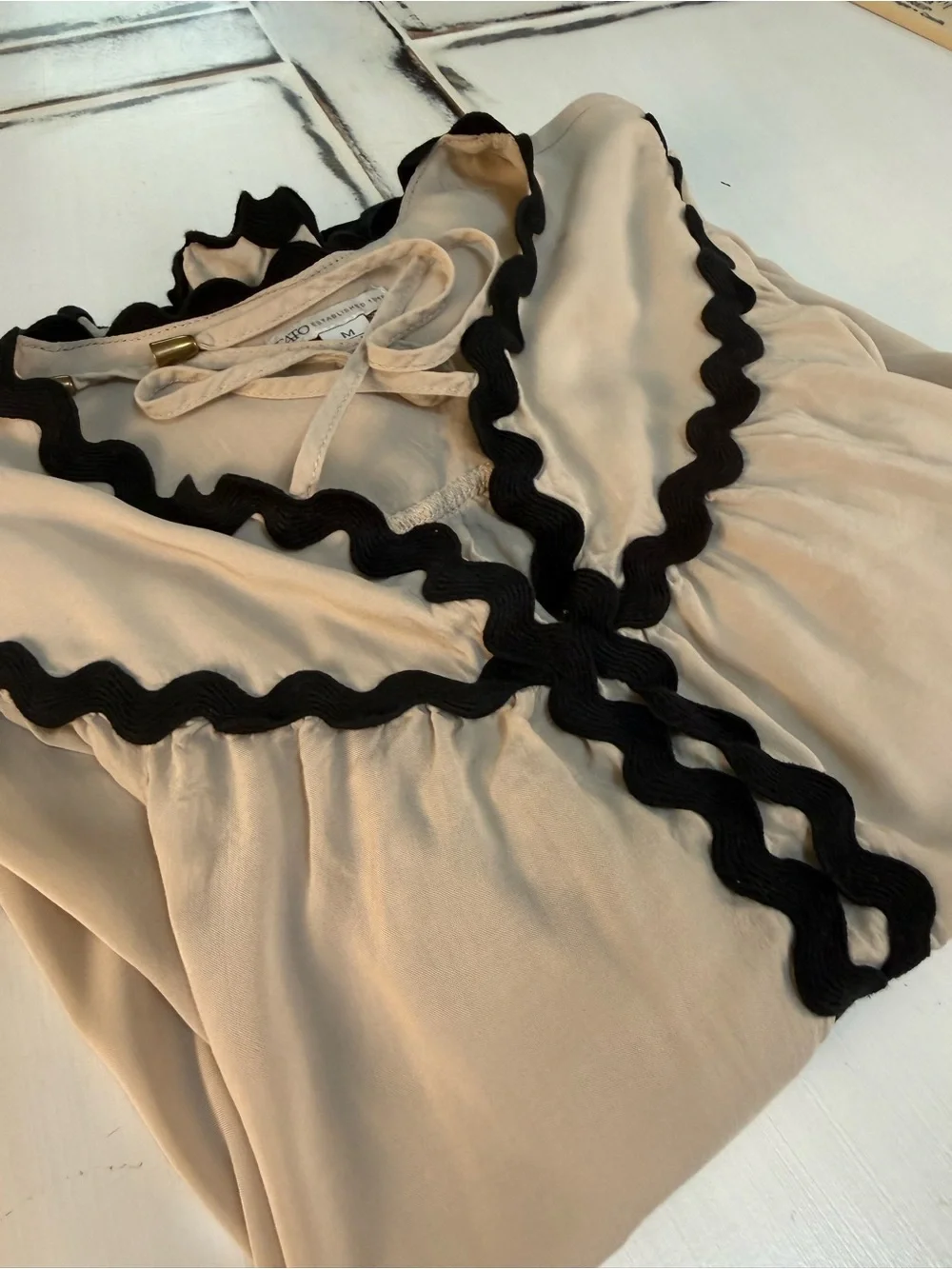Cato tan Blouse with Black Wavy Trim Size Medium